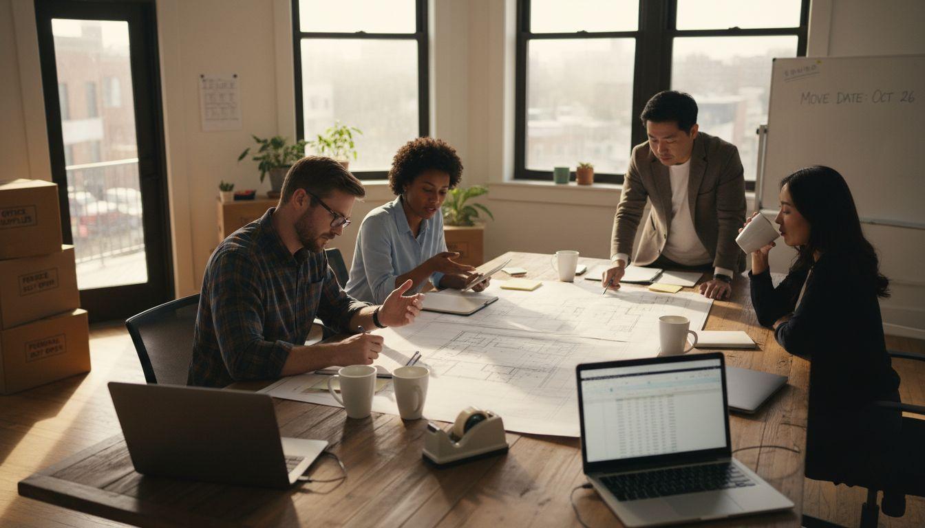 Business team planning move with boxes